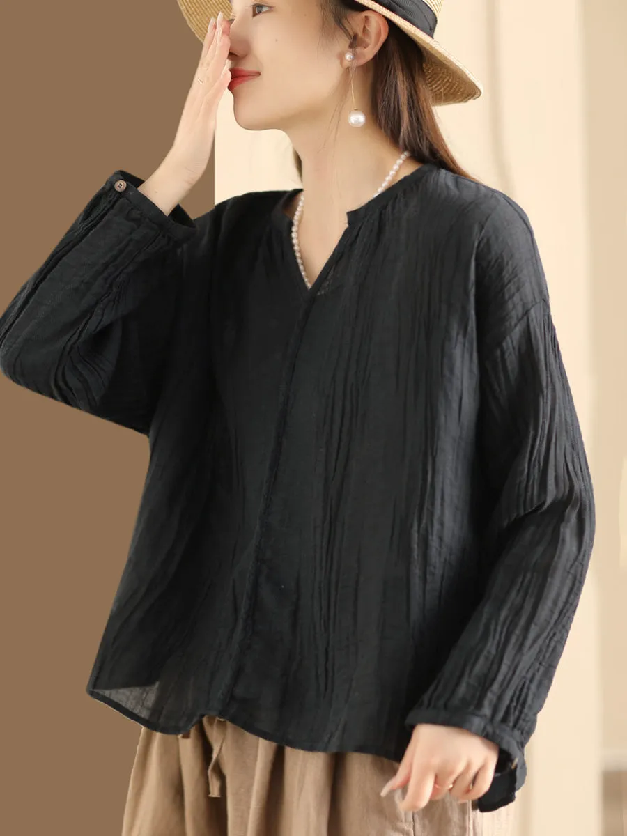 Women Spring Solid Vintage Ramie V-neck Blouse CO1013