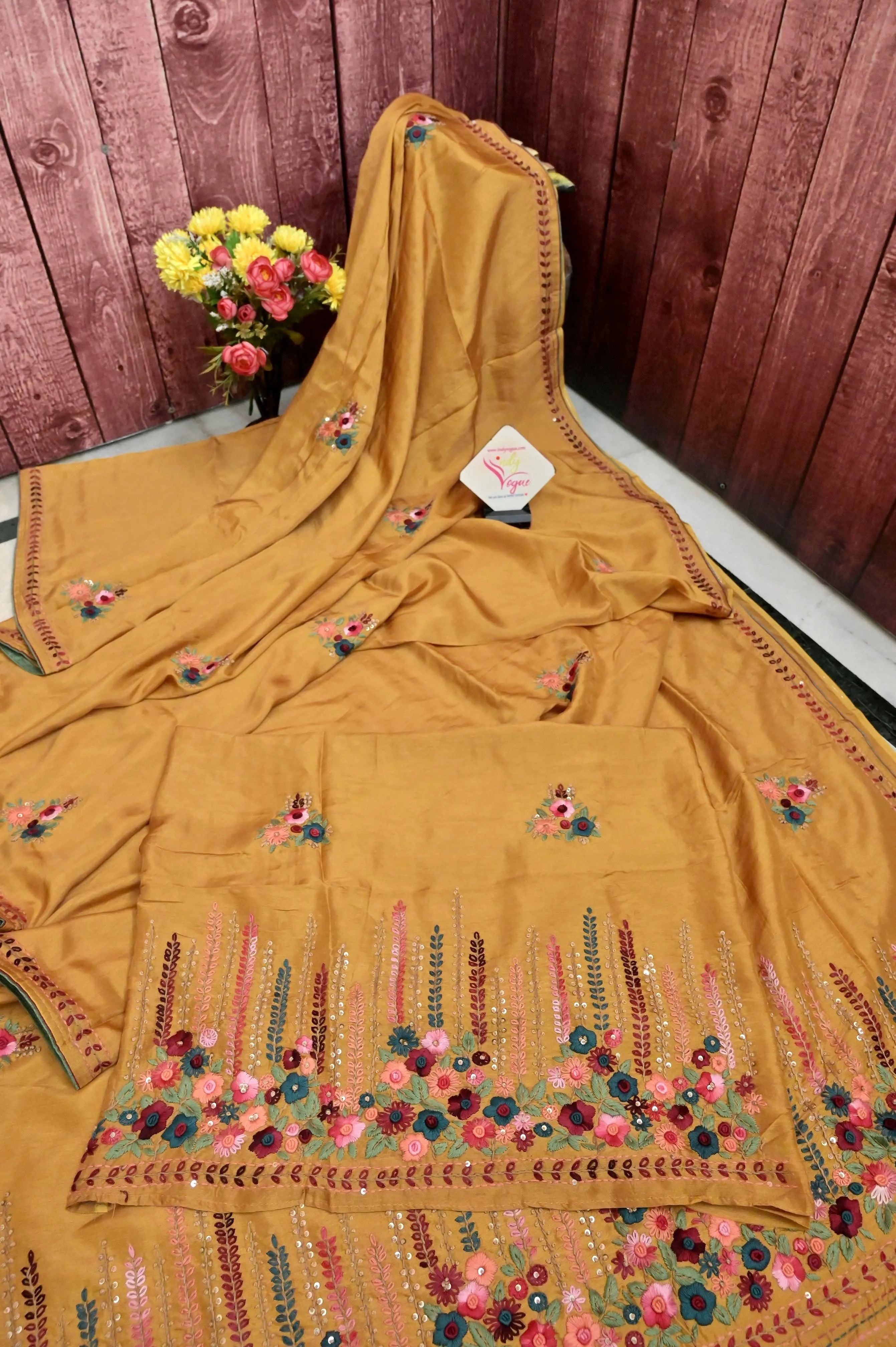 Yellow Color Chinon Silk Banarasi with Hand Parsi & Bullion Embroidery with Sequins