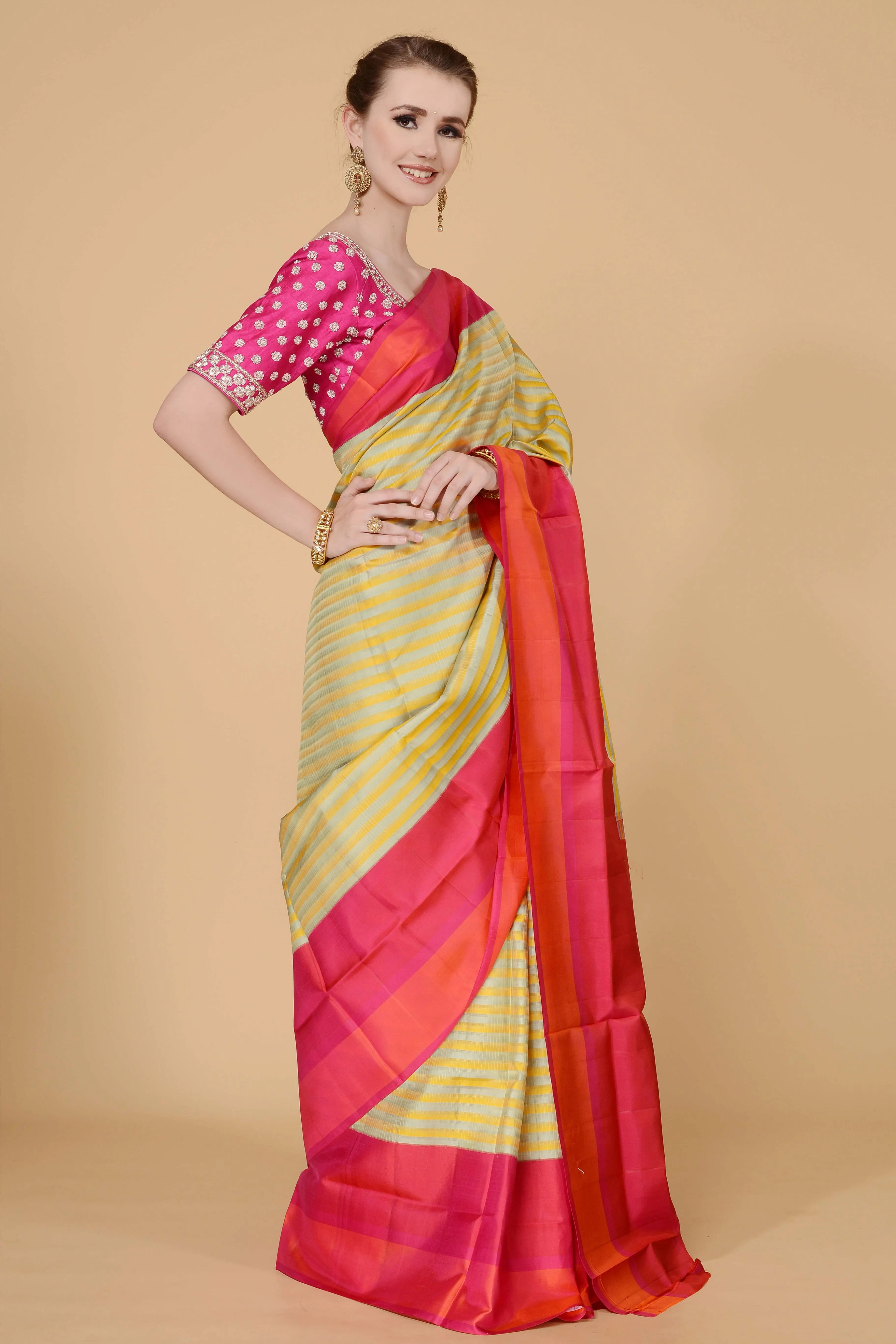 Yellow Grey with Pink and Orange Border Saree