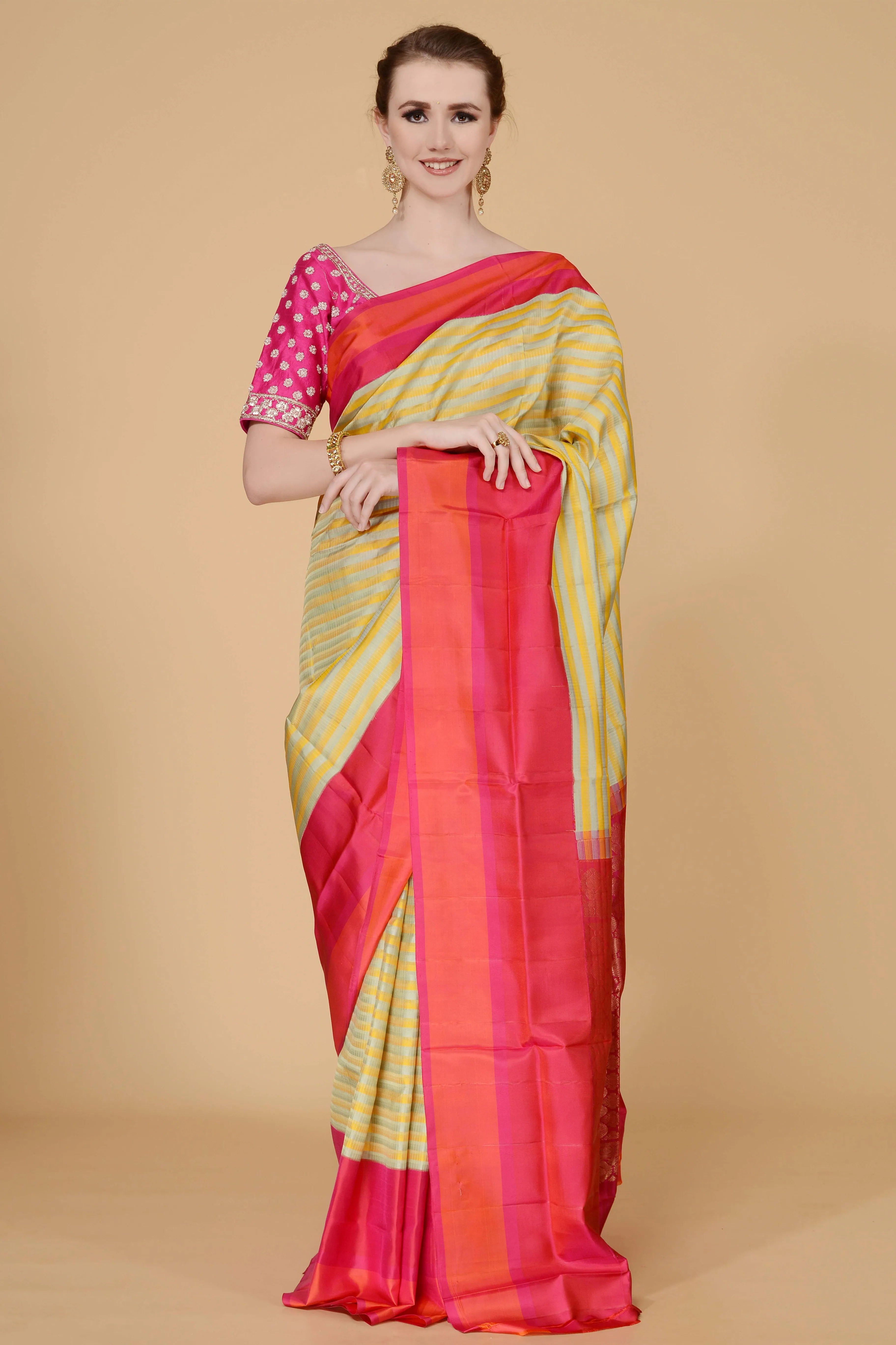 Yellow Grey with Pink and Orange Border Saree