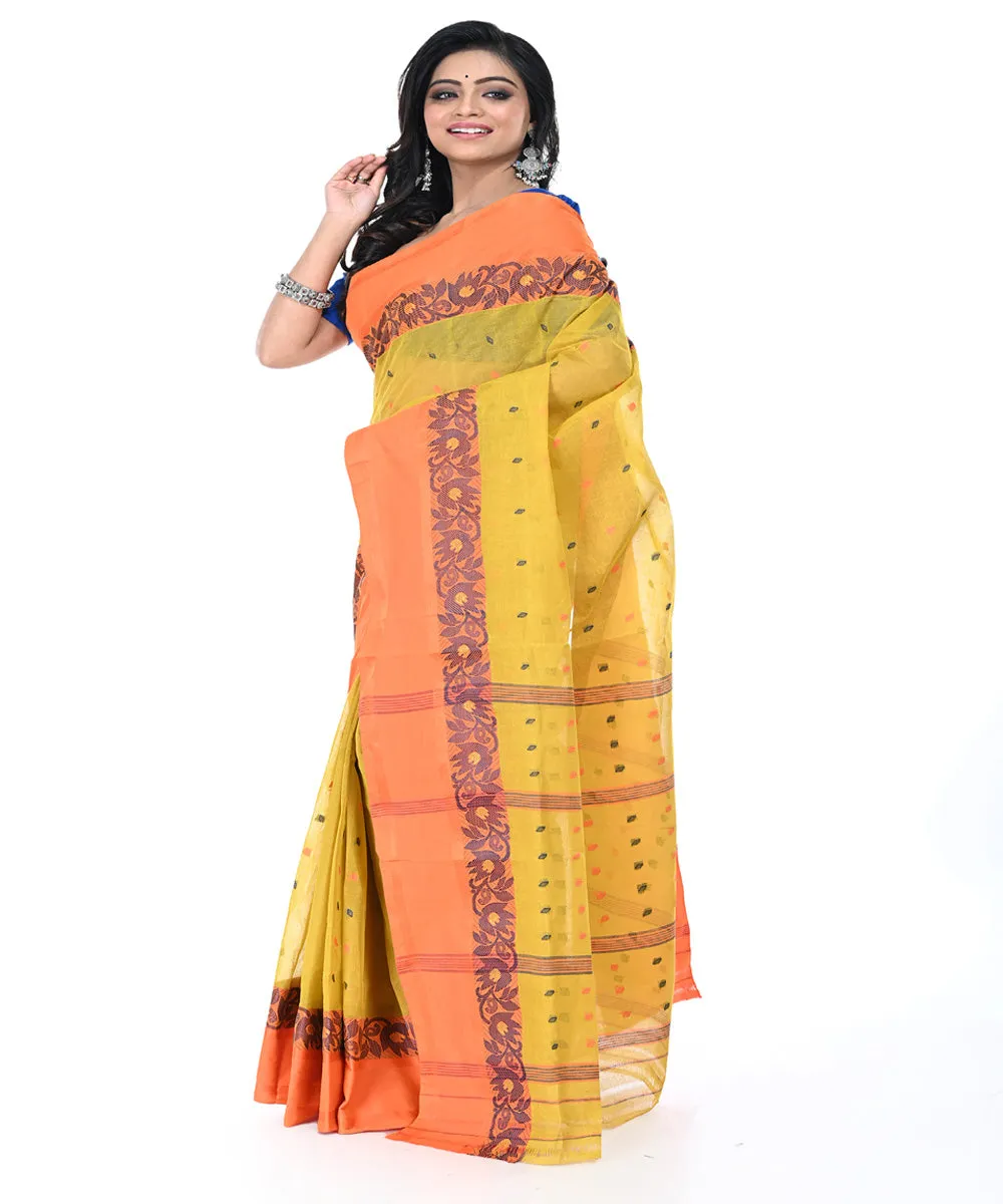 Yellow pink handwoven cotton tangail saree