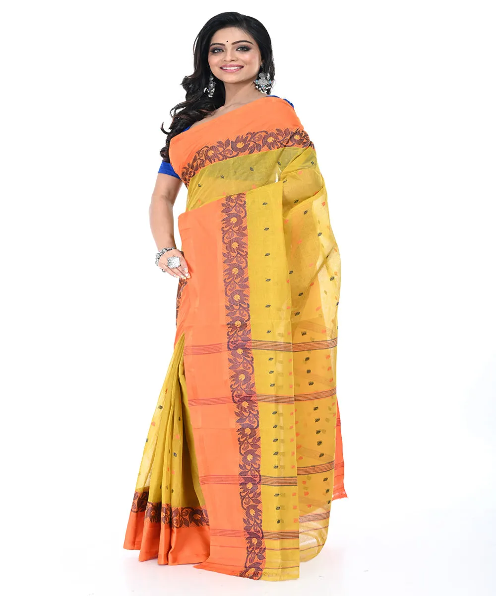 Yellow pink handwoven cotton tangail saree