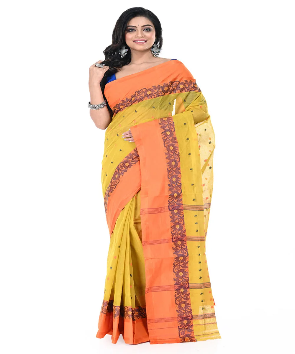 Yellow pink handwoven cotton tangail saree